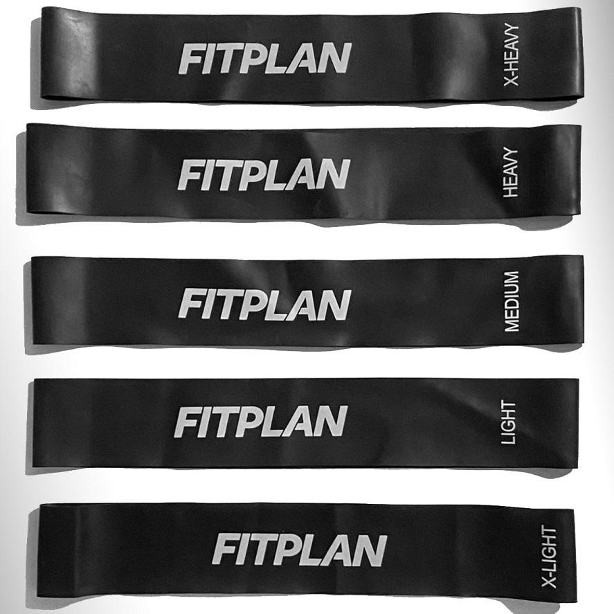 5 black exercise bands on a white background.